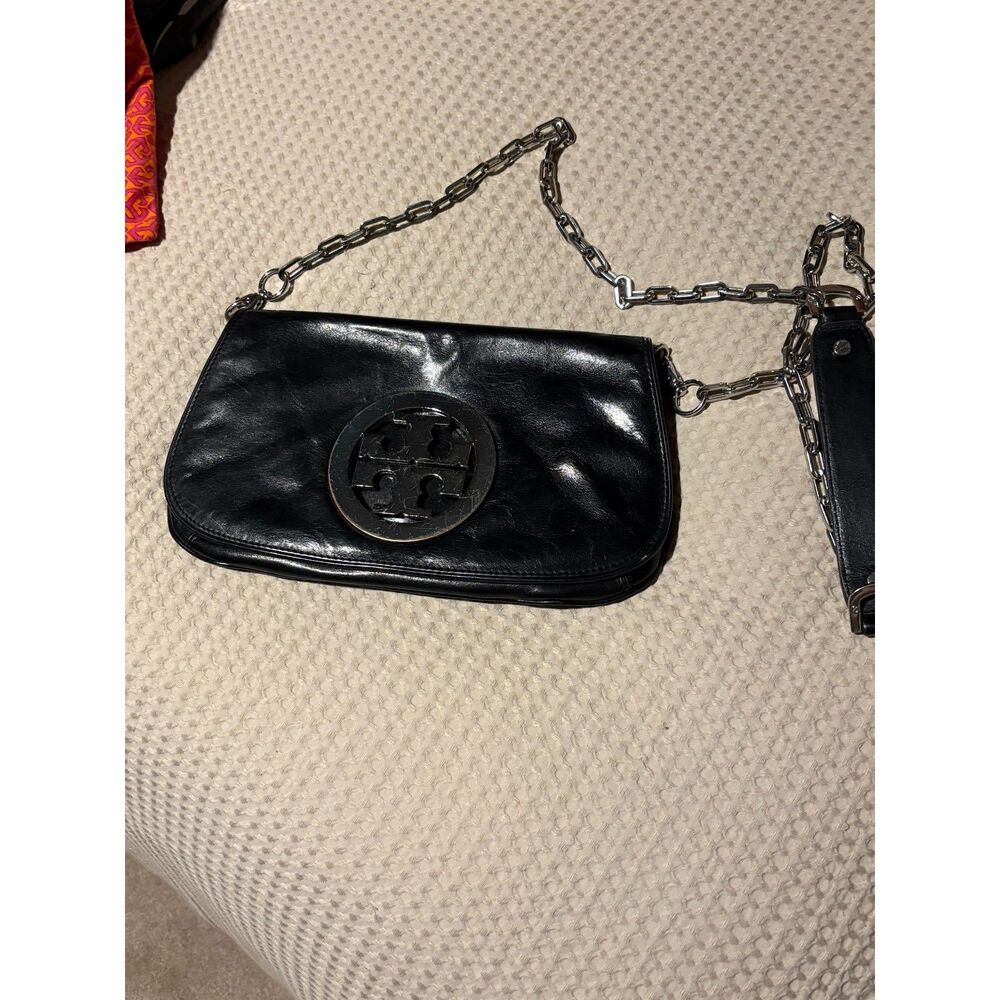Tory Burch Reva Black Leather Flap Clutch Crossbody Silver Logo Chain Strap Bag